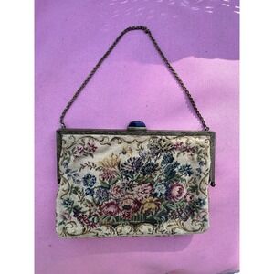 Vintage Floral Needlepoint Evening Purse – Ornate Frame, Chain Strap‎ 6"x4.5"